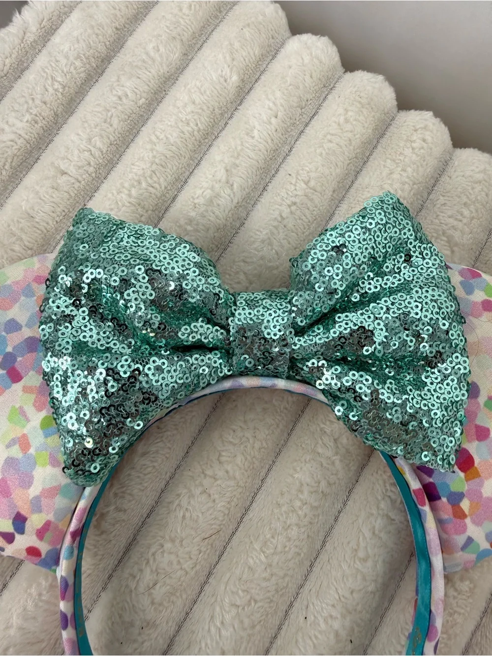 Handmade Sparkling Teal Sequin Bow Ear Headband for Kids